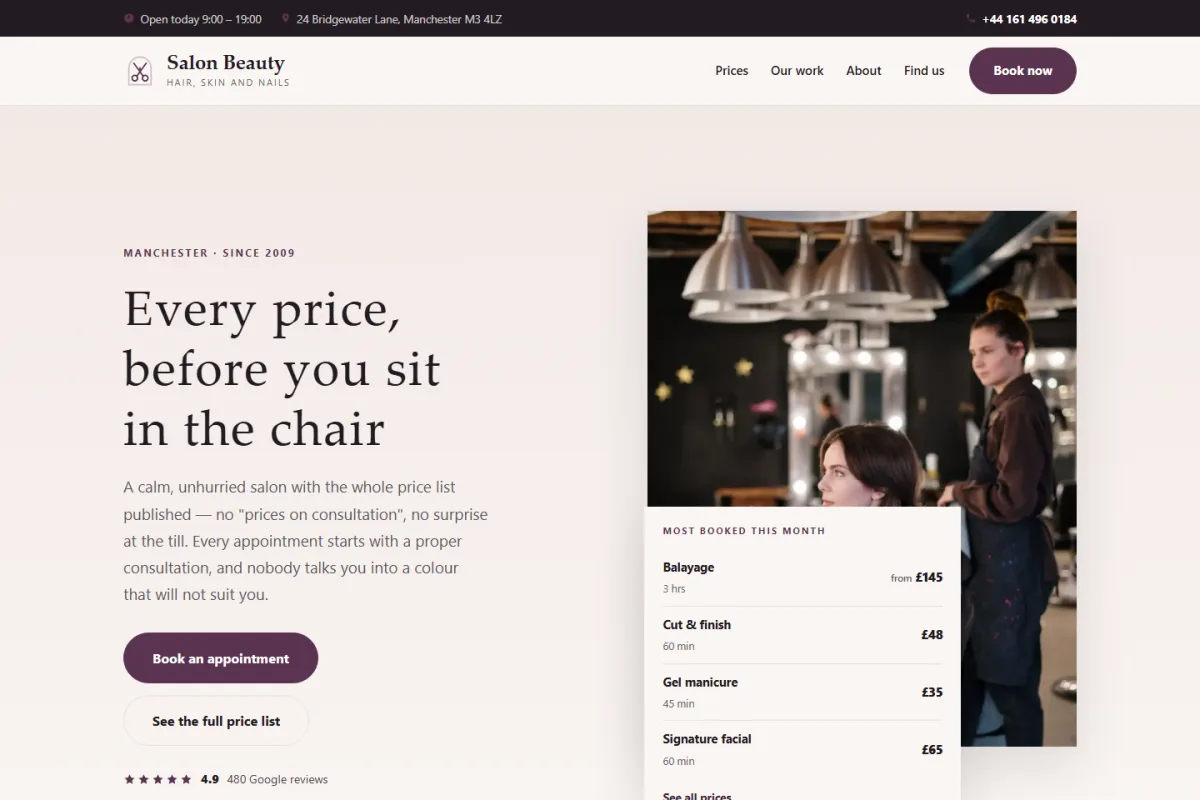 Salon Beauty Business website template preview