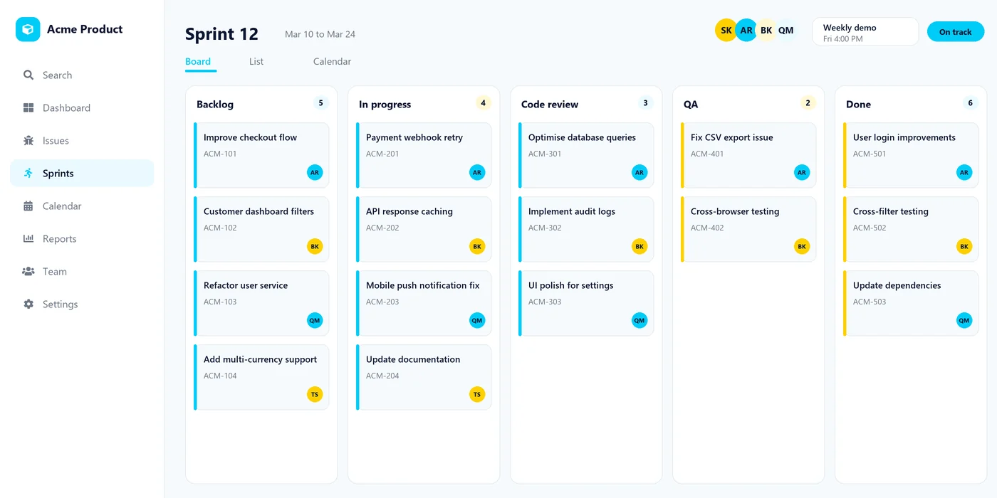 A sprint board with backlog, in progress, code review, QA and done columns, and a weekly demo scheduled