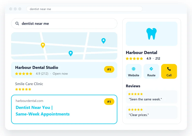 A Google results page with the business in the map pack and first in the organic results