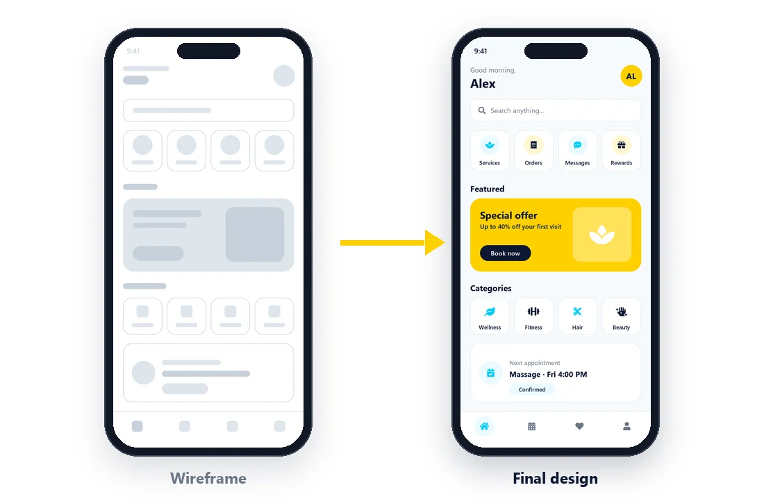 A wireframe on the left becoming the finished app screen on the right