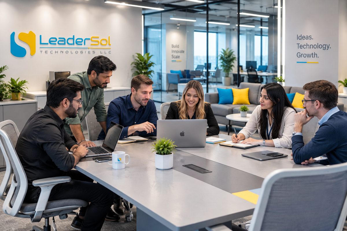 The LeaderSol team working together in the office