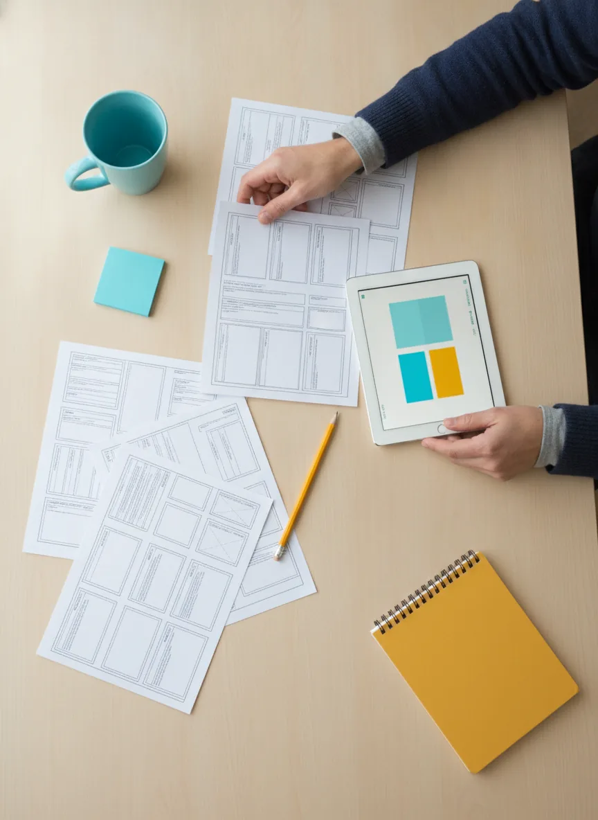 Colour palettes and page layouts on a designer's desk