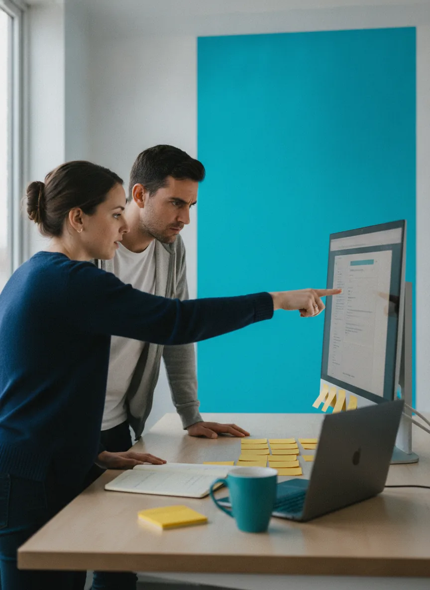 Designers and developers reviewing a website layout together