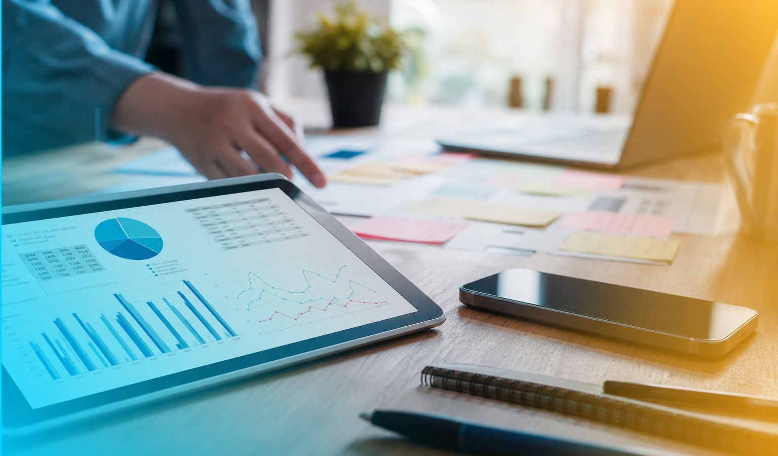 Digital marketing agency workspace with analytics tablet and campaign tools