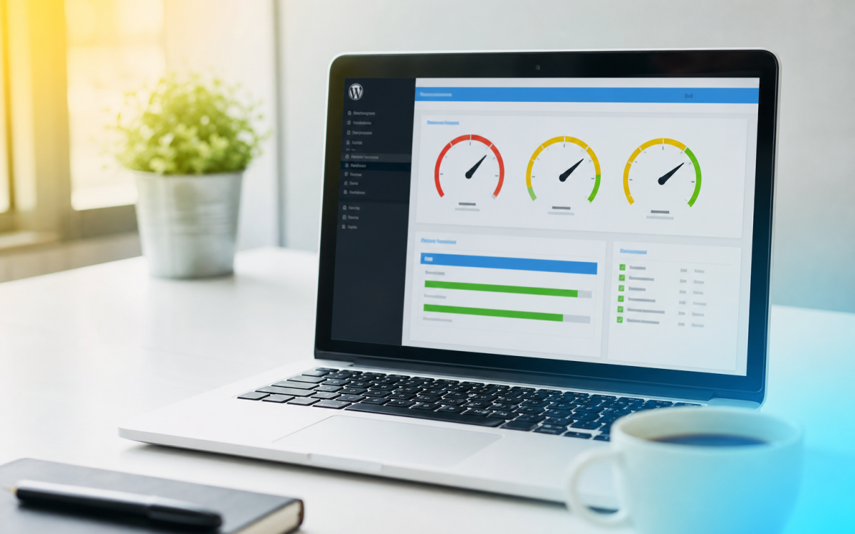 How to speed up a slow WordPress website — performance gauges on laptop
