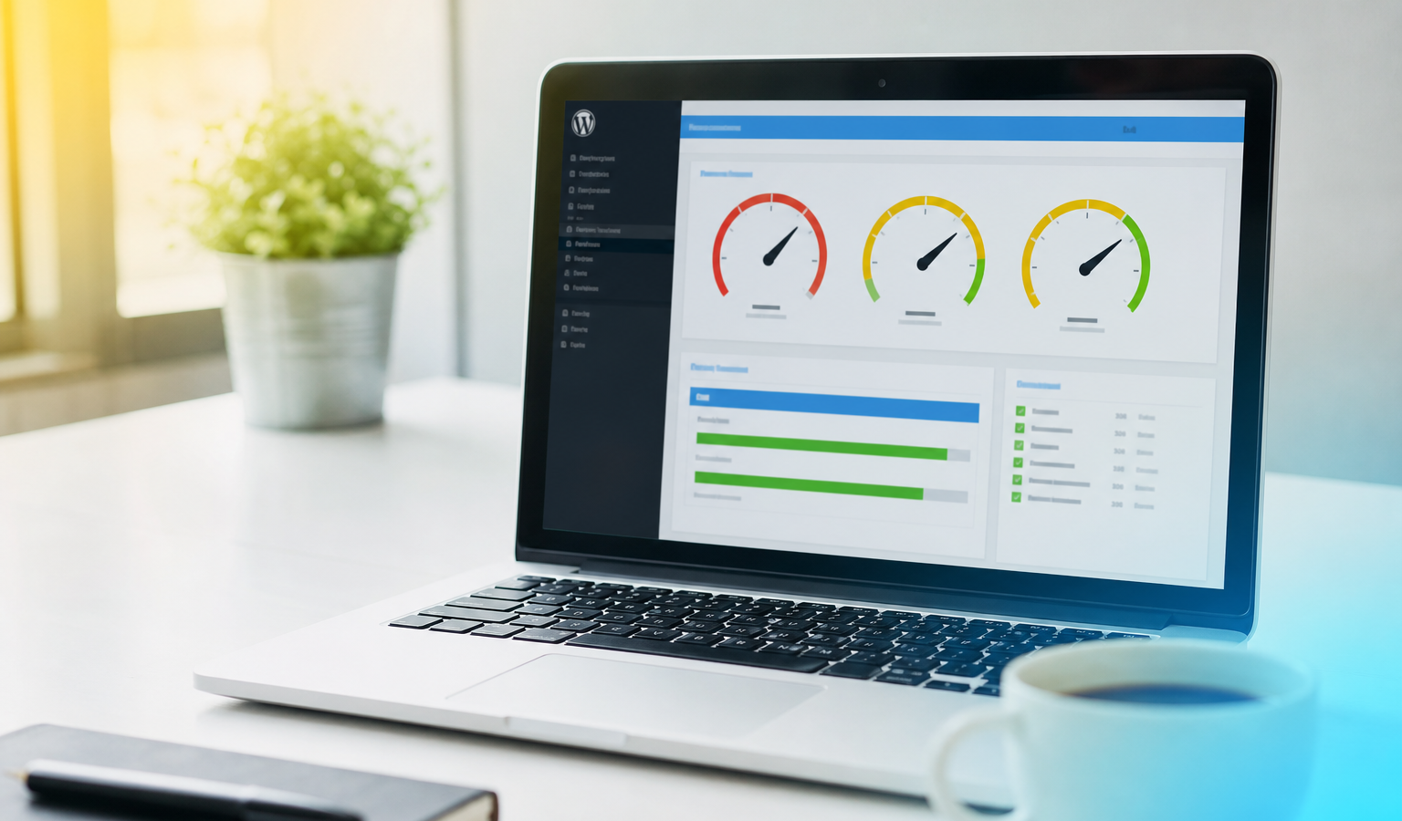 How to speed up a slow WordPress website — performance gauges on laptop