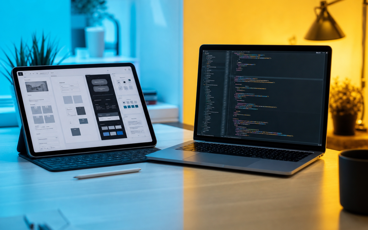 Web design vs web development — design tablet and coding laptop on one desk