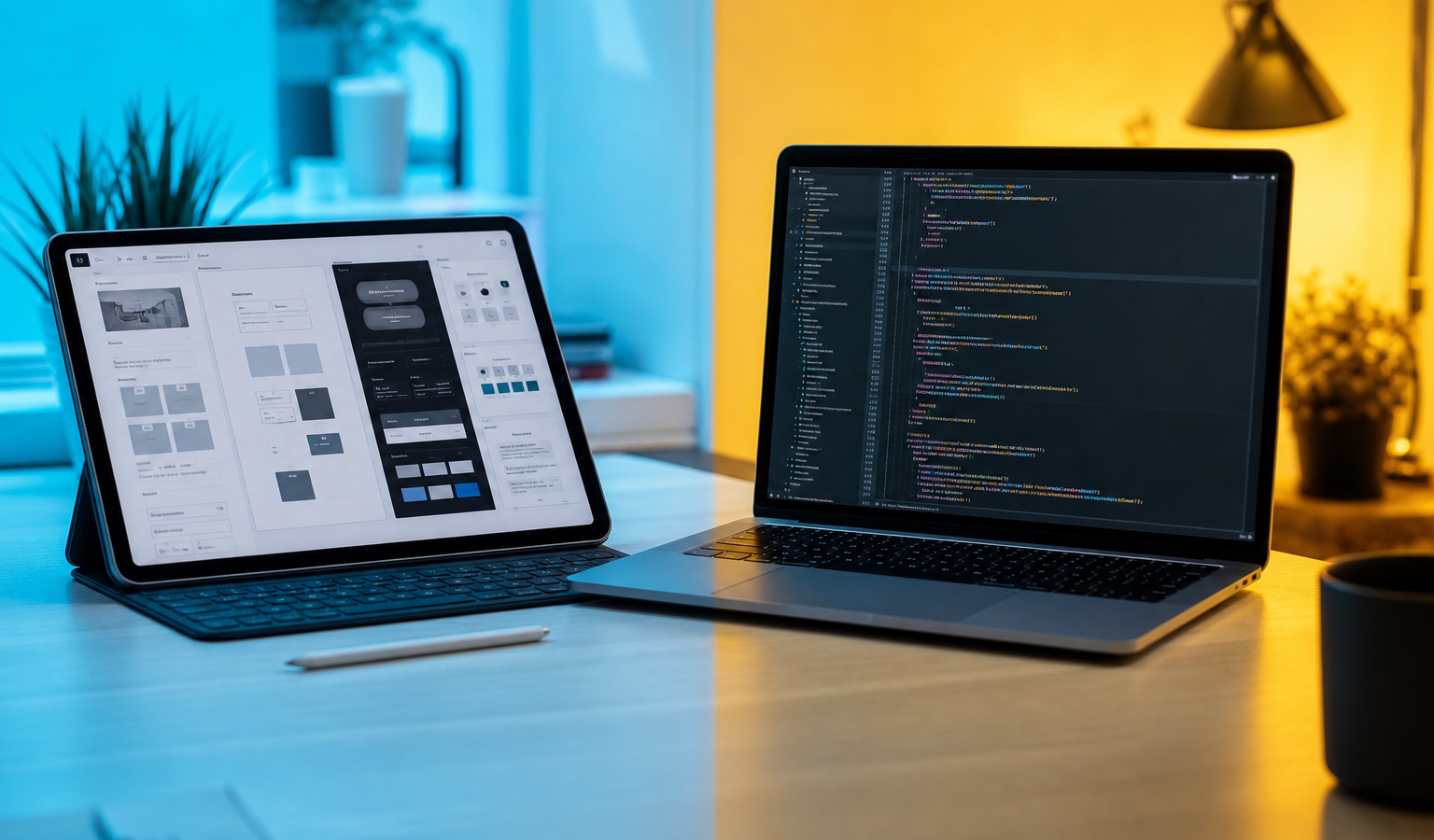 Web design vs web development — design tablet and coding laptop on one desk