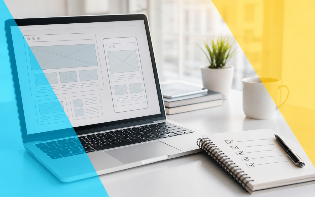 Website cost planning guide 2026 — laptop with wireframes and budget notes