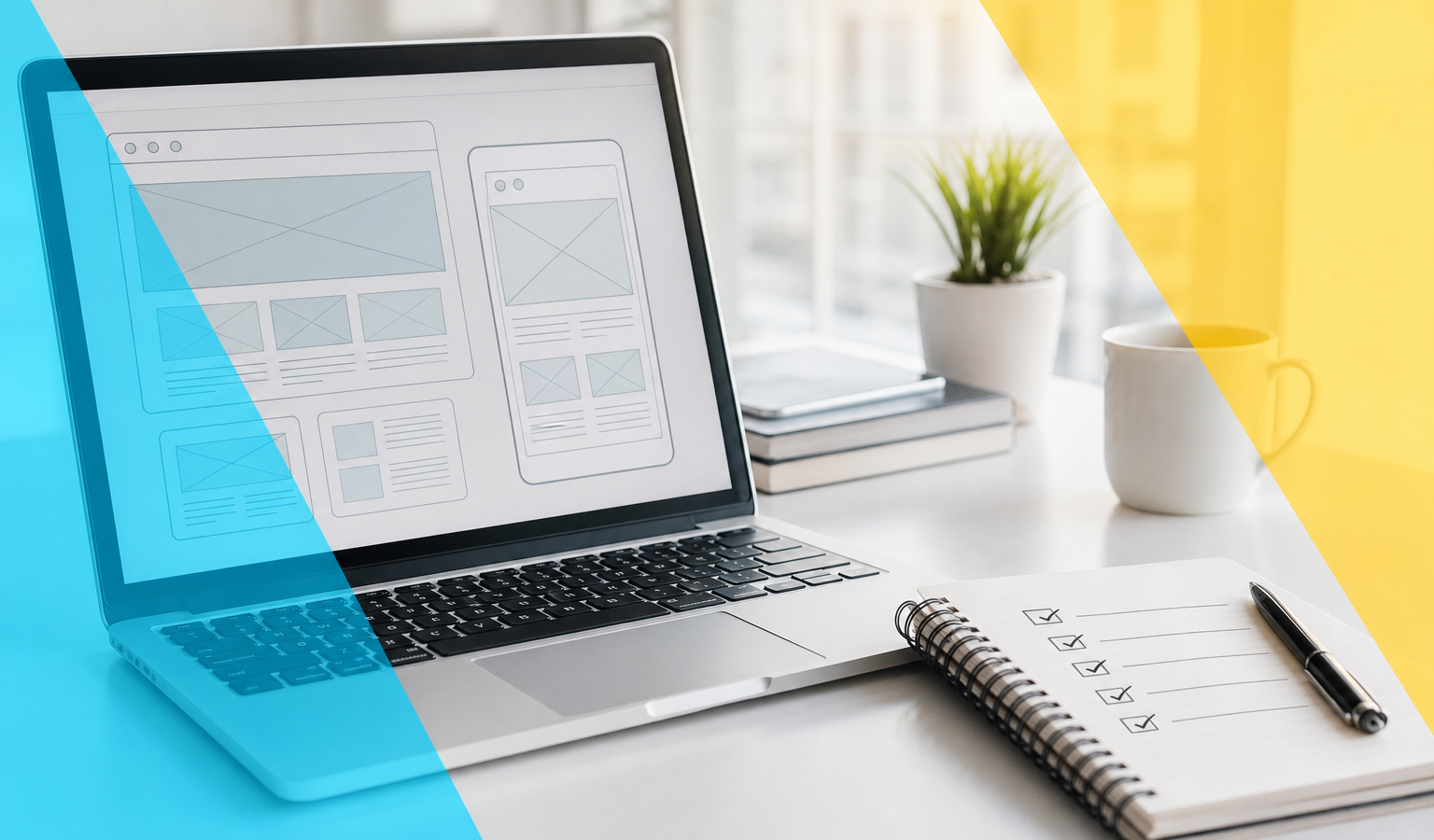 Website cost planning guide 2026 — laptop with wireframes and budget notes