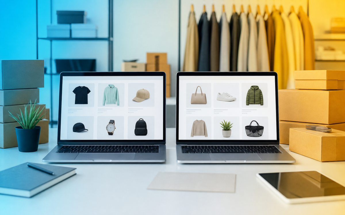 WooCommerce vs Shopify for ecommerce in 2026 — dual storefront laptops