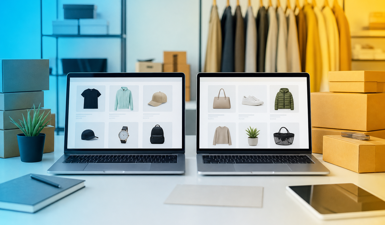 WooCommerce vs Shopify for ecommerce in 2026 — dual storefront laptops