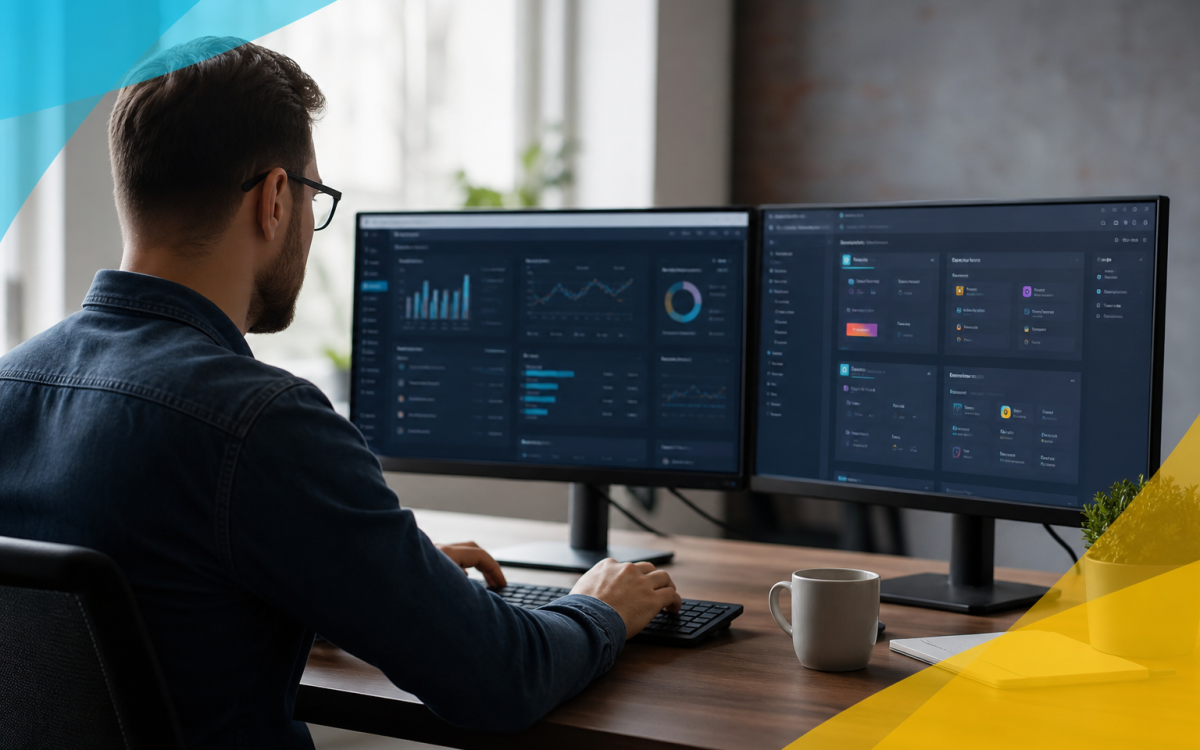 Custom web application dashboards on dual monitors for growing businesses