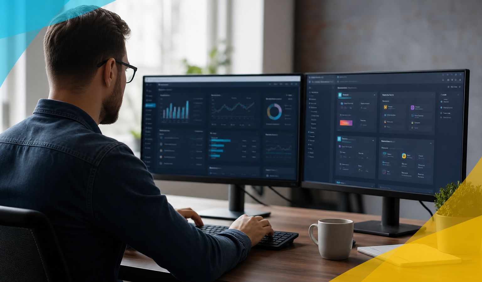 Custom web application dashboards on dual monitors for growing businesses