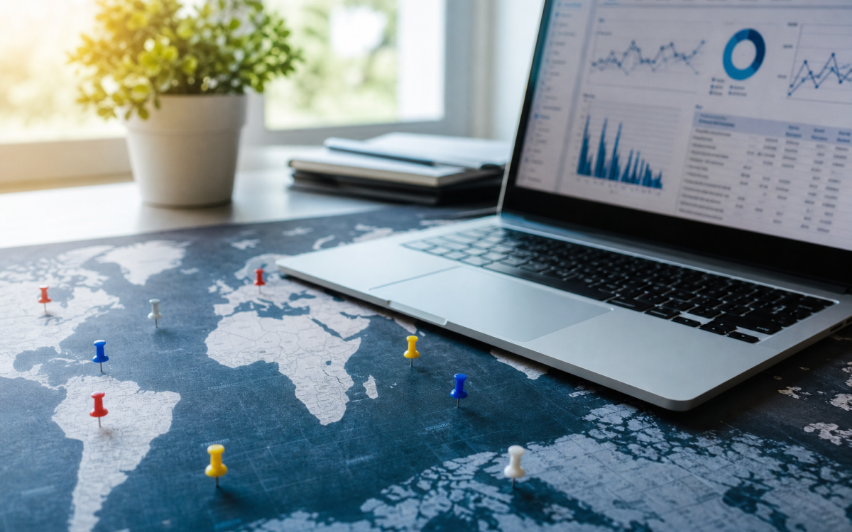 International SEO for global businesses — world map and analytics laptop