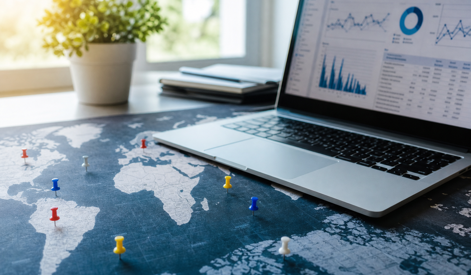 International SEO for global businesses — world map and analytics laptop