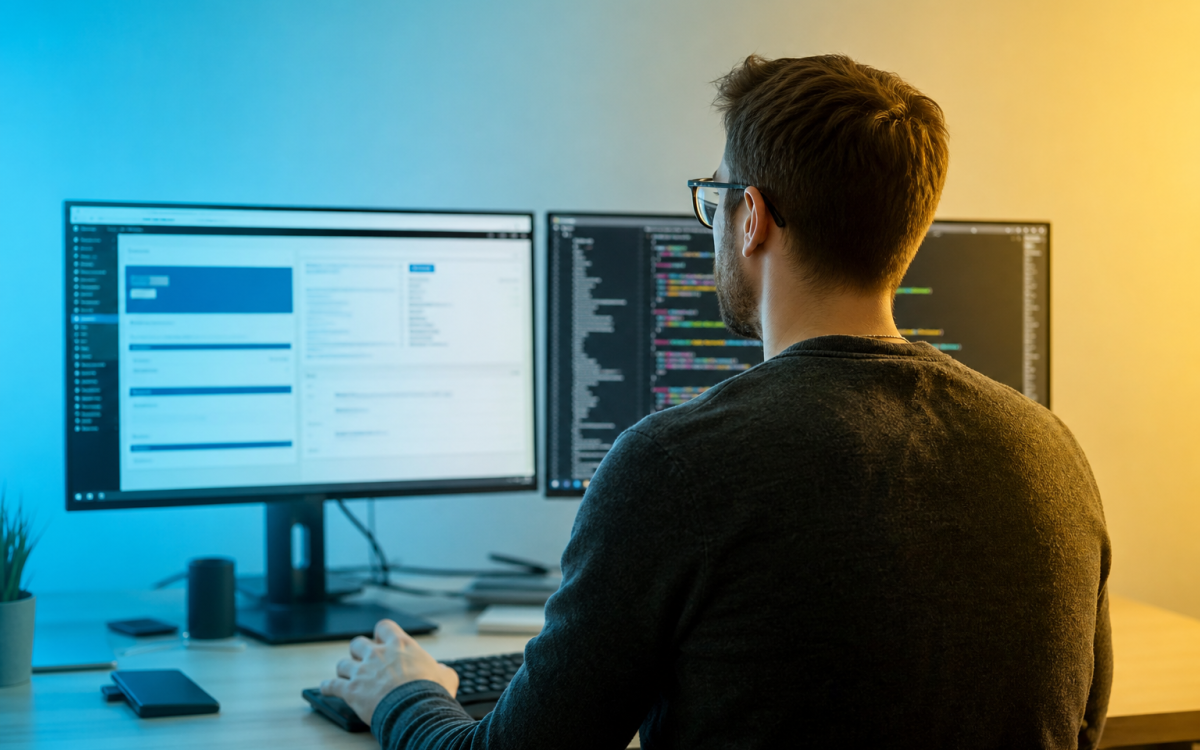 WordPress versus custom code — CMS admin and IDE side by side