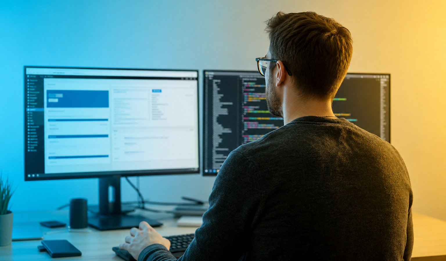 WordPress versus custom code — CMS admin and IDE side by side