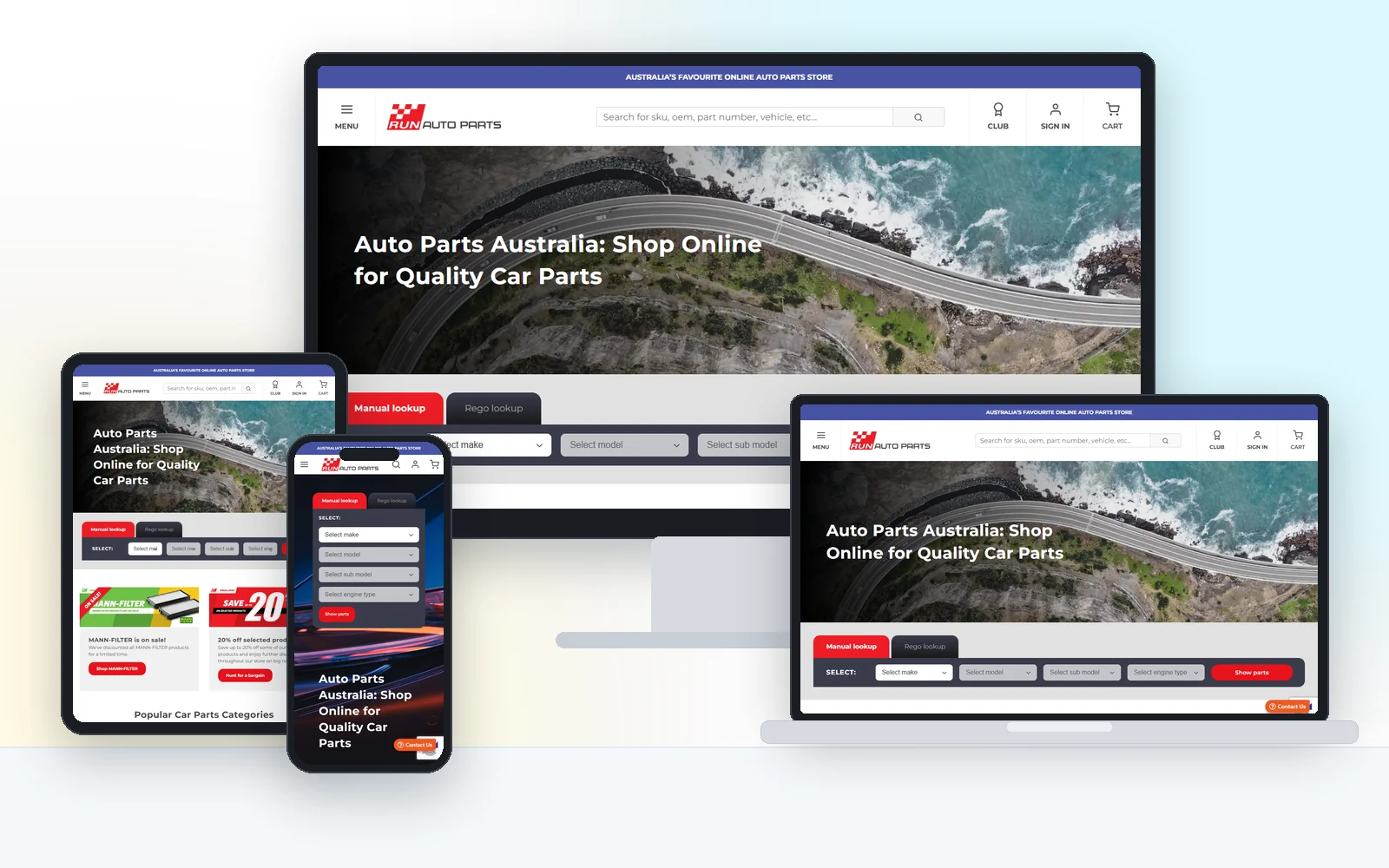 Run Auto Parts website on desktop, laptop, tablet and phone